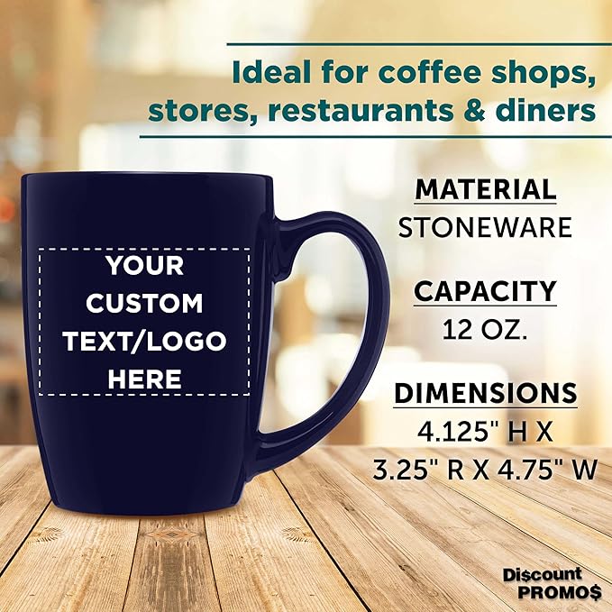 DISCOUNT PROMOS Custom Curved Java Coffee Mug 12 oz. Set of 10/50/100 - Personalized Bulk Pack - Stoneware Restaurant Cups - Cobalt Blue