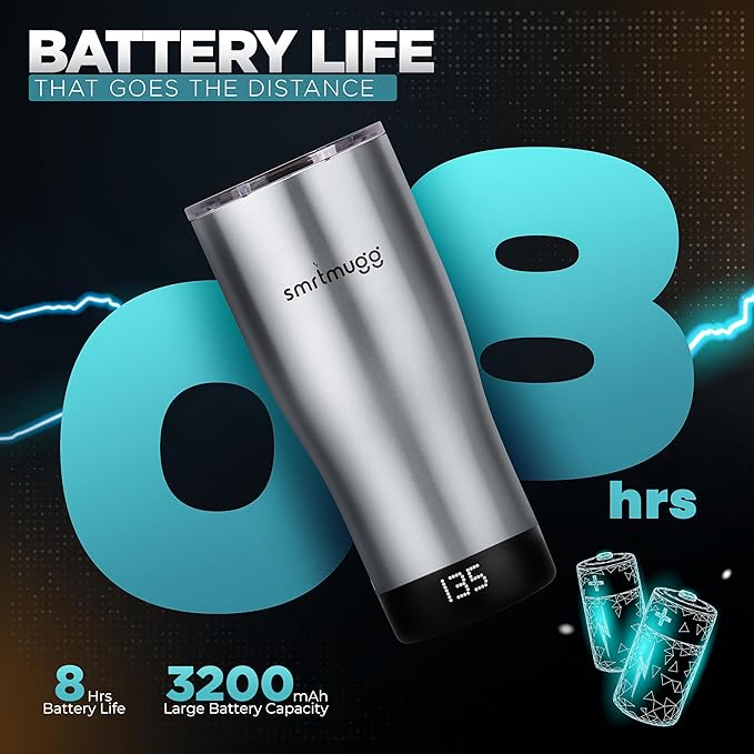 X Heated Coffee Mug 19 oz., 8 Hour Battery Life, Self-Heating, Adjustable Temp Controlled, LCD Screen, Includes Cover with Magnetic Slider (Black) (Stainless Steel)