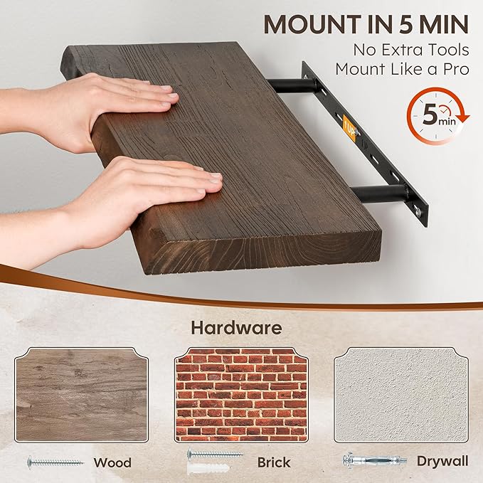 Floating Shelves Set of 2, Solid Elm Wood Wall Shelves 36 Inch - Invisible Bracket Mount for Living Room, Bedroom, Kitchen, Bathroom - Brown