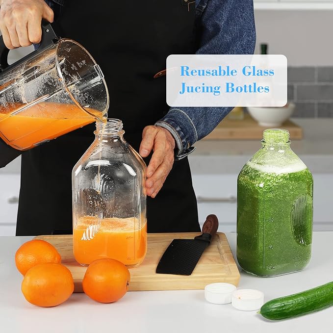Syntic 2 Qt Glass Milk Bottle with Reusable Strong Airtight SCREW LID, 64 Oz Glass Juice Bottles for Almond Milk, Oat/Nut Milk- 0.5 Gal Water Bottle with 2 Exact Scale Lines, Extra Handle AND Cap！