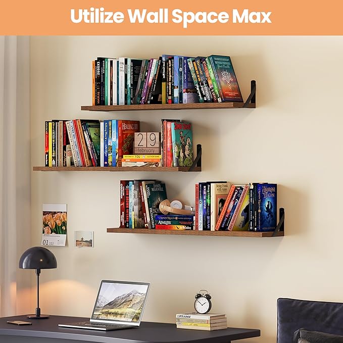 upsimples Floating Book Shelves for Wall, 35.4 Inches Long Floating Wood Shelves for Living Room, Library, Bedroom, Office Organizer and Storage, Brown