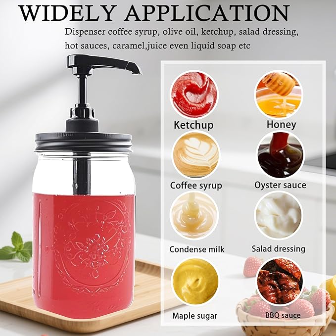 Mason Jar Syrup Sauce Dispenser Pump Lid For Wide Mouth MasonCoffee Syrup Condiment Honey Pump Top Lid Food Grade Airtight & Leak 4 pcs (Jar Not Included)