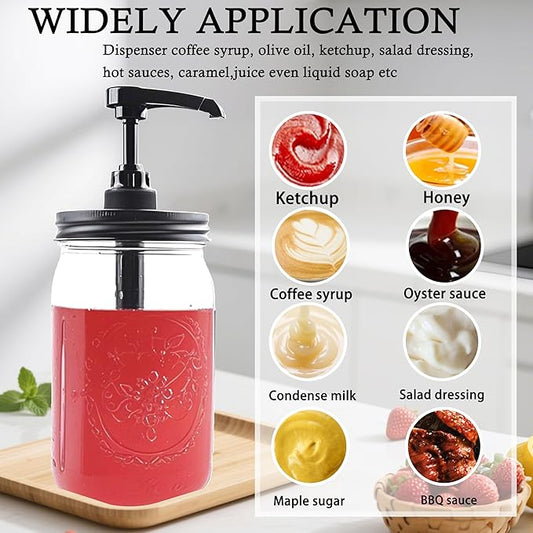 Mason Jar Syrup Honey Sauce Dispenser Pump Lid For Wide Mouth Mason Canning Coffee Syrup Condiment Pump Top Lid Food Grade Airtight & Leak (Jar Not Included)