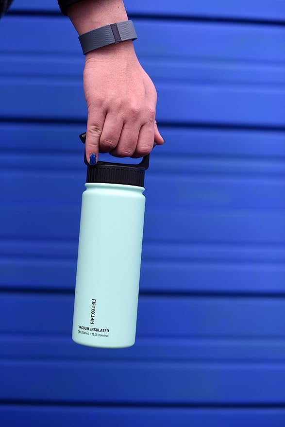 FIFTY/FIFTY Double Wall Vacuum Insulated Water Bottle, Stainless Steel, Wide Mouth with Three Finger Cap