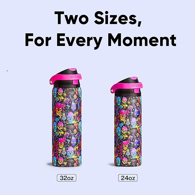 Encool SwiftSip Insulated Stainless Steel Water Bottle with Straw - Leak Proof Sports Water Bottle for School, Travel, Keeps Cold All Day, One-Touch Flip Lid, BPA-Free, 24 oz, Trippy Skulls