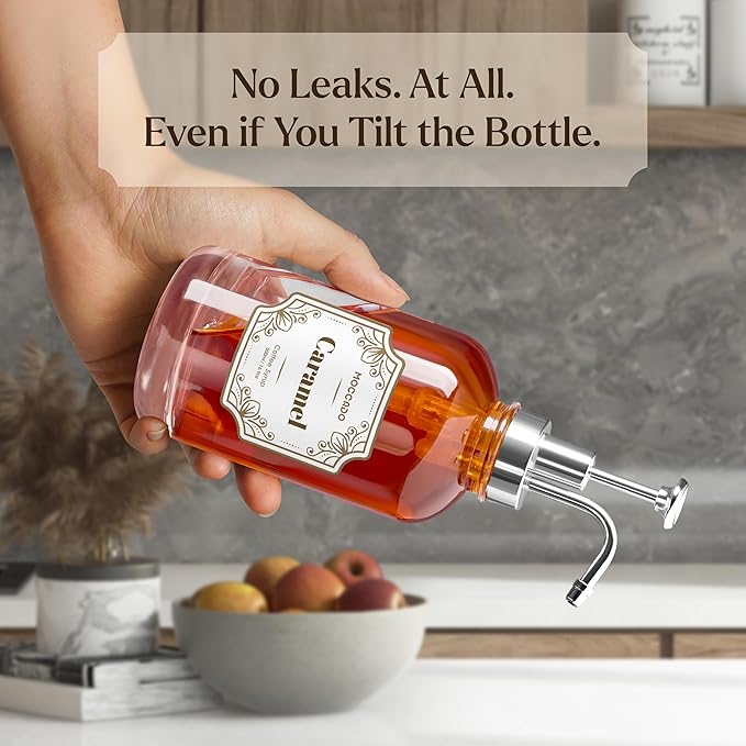 Glass Coffee Syrup Dispenser for Coffee Bar - Set of 4 Silver 16.9 oz / 500 ml Glass Syrup Bottles, Includes 2 Bamboo Trays, 16 Stencils, Labels, Coffee Bar Accessories