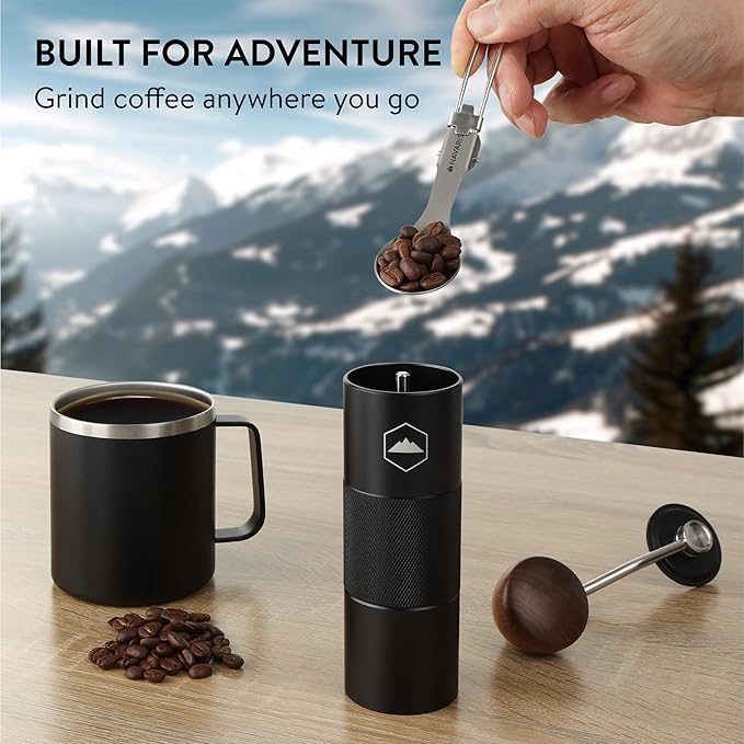 Tough Outdoors Manual Coffee Grinder - Portable Hand Crank with Real Wood Knob & Stainless Steel Burr Adjustable Grind - Indoors or Outdoors - Home Use Travel & Camping - Black