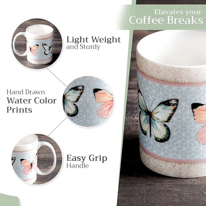 Maison d' Hermine Coffee Mug with Handles Fine Bone China Mugs Pack of One Tea Cups for Hot Beverages Cappuccino Latte Home Office Perfect for Gift (Blossoms In Spring - Butterfly, 15 Ounce)