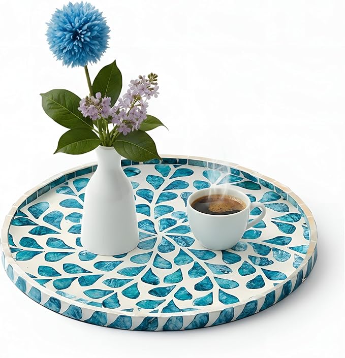 Chunful Mother of Pearl Round Serving Tray Wood Coffee Table Tray 10.4 Inch for Tea Breakfast Kitchen Cabinet(Teal Floral Style)