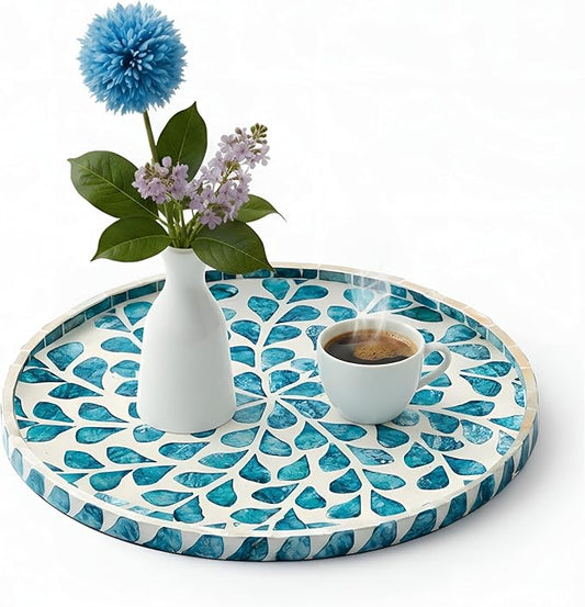 Chunful Mother of Pearl Round Serving Tray Wood Coffee Table Tray 10.4 Inch for Tea Breakfast Kitchen Cabinet(Teal Floral Style)