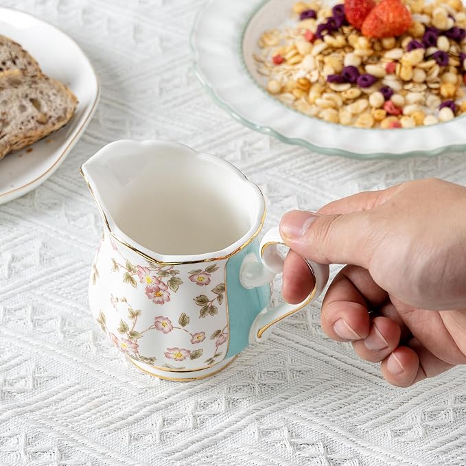 Retro Floral Porcelain Creamer Pitcher, Coffee Milk Pitcher Jug, Small Cream Syrup Dispenser for Serving Sauces Salad, Microwave & Freezer Safe, 10oz