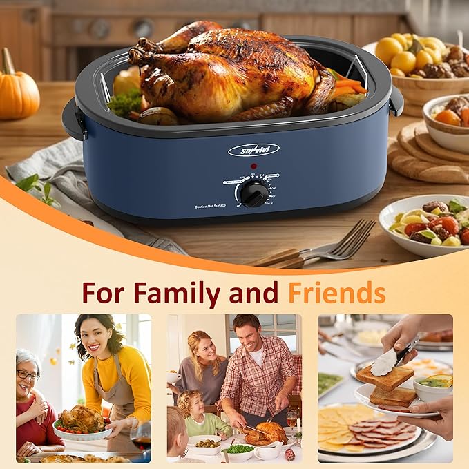 Sunvivi Electric Roaster, Roasting Oven with Self-Basting Lid Removable Pan, 20 Quart Turkey Roaster Oven with 150 to 450F Temperature Control Cool-Touch Handles, Blue