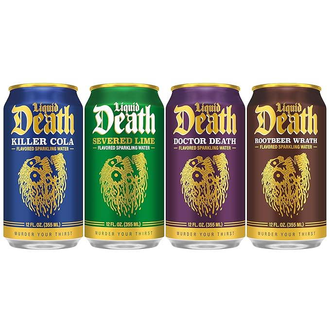 Liquid Death Soda-Flavored Sparkling Water - Classic Variety, Less Sugar*, Huge Flavor, No Caffeine, No Artificial Sweeteners, 4 Flavors: Lime, Doctor Death, Cola, Root Beer, 12 Fl Oz (Pack of 12)