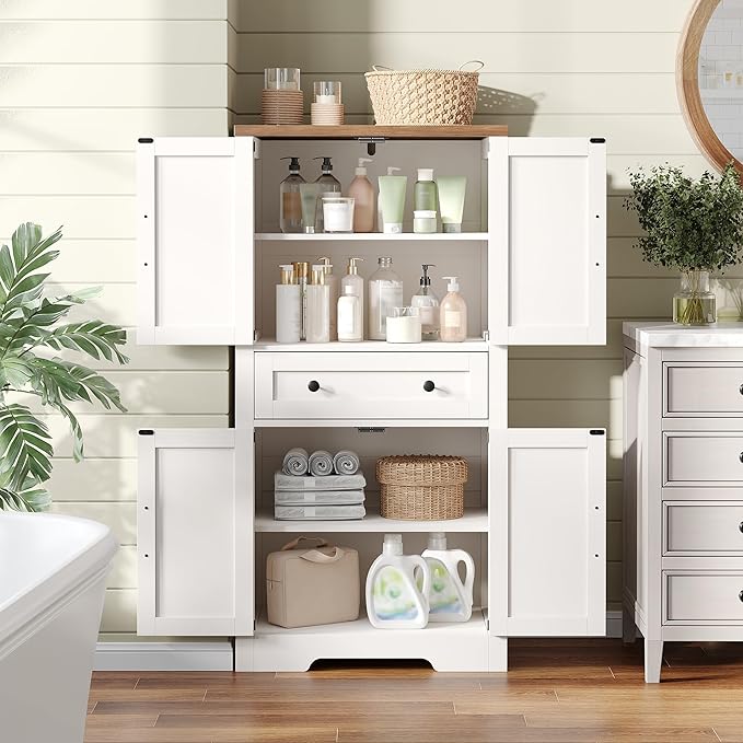 47" Tall Kitchen Pantry Storage Cabinet with Barn Doors and Shelves, White Farmhouse Linen Storage Cabinet With Drawers, Free standing Food Pantry Cabinets for Kitchen, Dining Room, Living Room