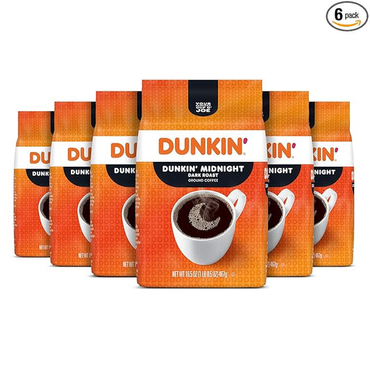 Dunkin' Midnight Dark Roast Ground Coffee, 16.5 Ounce (Pack of 6)