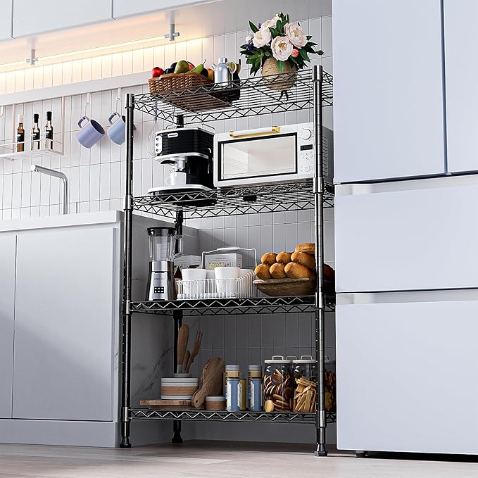 M MZG 1000 lbs Storage Shelving Steel Heavy Duty 4-Tier Utility Shelving Unit Steel Organizer Wire Rack for Home,Kitchen,Office,Black (13.7" D x 23.6" W x 53.4" H)