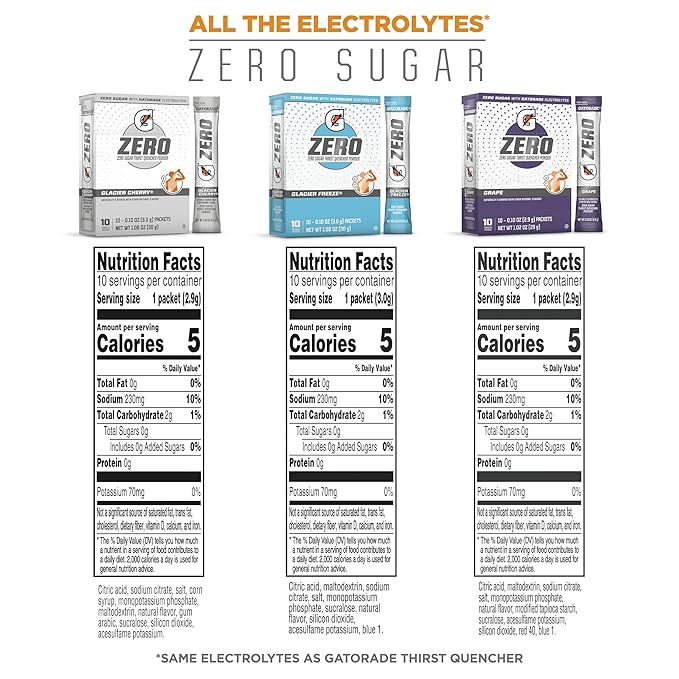 Gatorade G Zero Sports Drink Mix Powder Packets,3 Flavor Frost Variety Pack,Electrolyte Powder Drink Mix for Hydration,Zero Sugar,Total Packets,(Pack of 60)