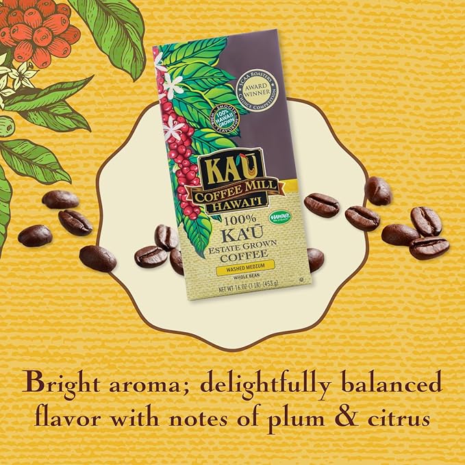 Ka'u Coffee Mill Washed Medium Roast Whole Bean - Bright Aroma - Plum & Citrus Notes - Handpicked & Washed Processed Hawaii Grown Arabica Beans - Gourmet Premium Small Batch - 16oz