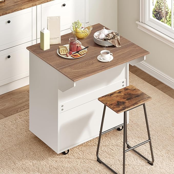 Kitchen Island on Wheels with Drop Leaf, Folding Countertop Kitchen Island Cart, Kitchen Island Table with Towel Rack, Drawer, for Kitchen, Dining Room, White and Walnut KIBZ12501