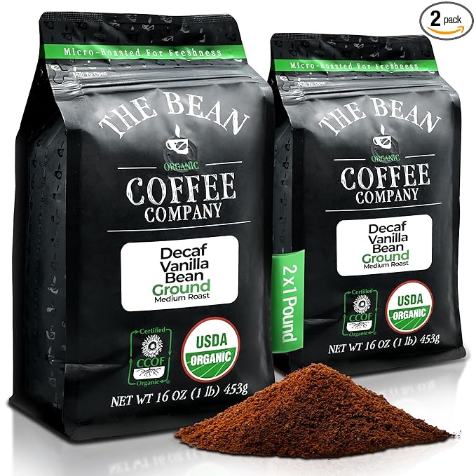 The Bean Organic Coffee Company Water Processed DECAF Vanilla Bean, Medium Roast, Ground Coffee, 16-Ounce Bags (Pack of 2), Café Molido Tostado Orgánico descafeinado