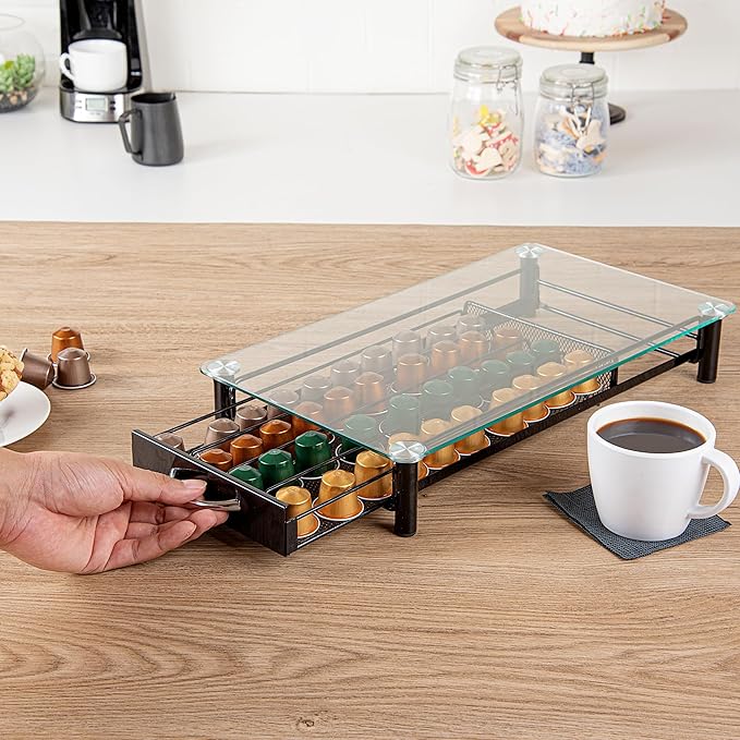Restaurantware Restpresso 15.9 x 9.3 x 2.8 Inch Coffee Capsule Drawer 1 Heavy-Duty Pod Drawer - Holds 40 Nespresso Capsules Glass Top Iron Espresso Pod Organizer Mesh Tray Pods Not Included