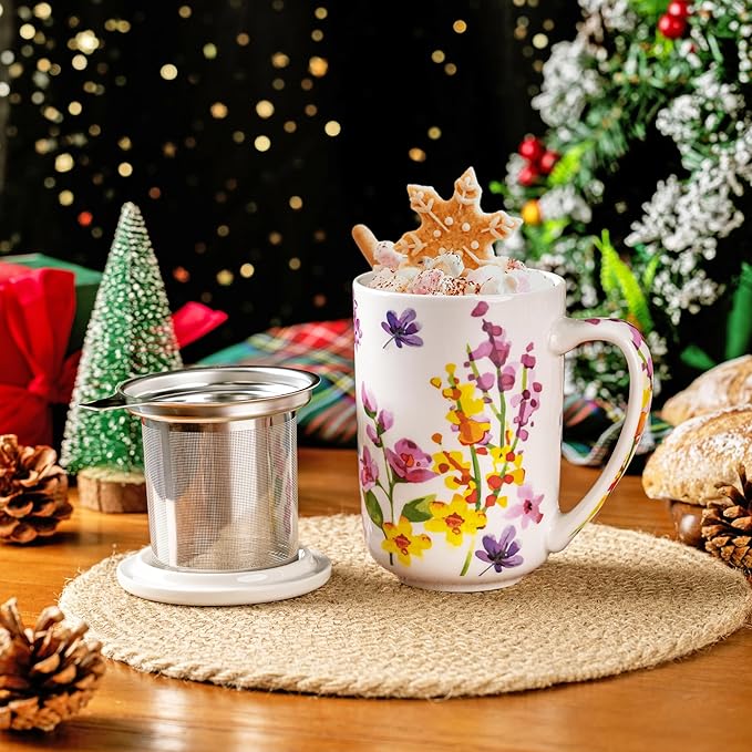 GBHOME Tea Mug with Infuser and Lid, 18 Ounce Large Ceramic Loose Leaf Cup, Microwave, Dishwasher Safe, Perfect For Tea Lovers