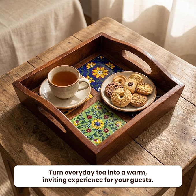 Craft Trade Mango Wood Serving Tray with Handle and 4 Fitted Floral Ceramic Tiles Wooden Platters Perfect for Breakfast Tea Coffee Snacks Dinner 23x23x8 cm Square