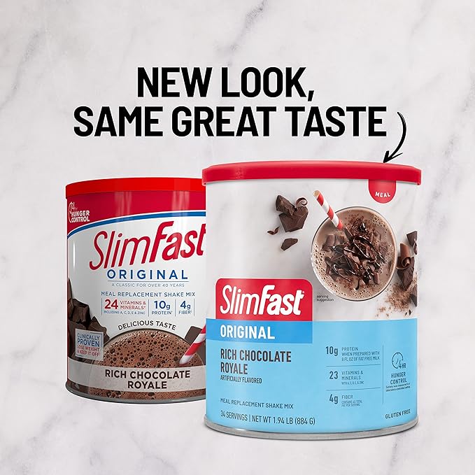 SlimFast Original Meal Replacement Powder, Rich Chocolate Royale, Weight Loss Shake Mix, 10g of Protein, 34 Servings (Packaging May Vary)