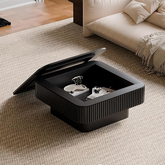 SZTHHDF Square Coffee Table for Living Room,Fluted Drum Accent Tea Center Table with Storage,Solid Wood Modern Coffee Tables for Small Space Office Apartment (31.5" L×31.5''W×14''H-Black)