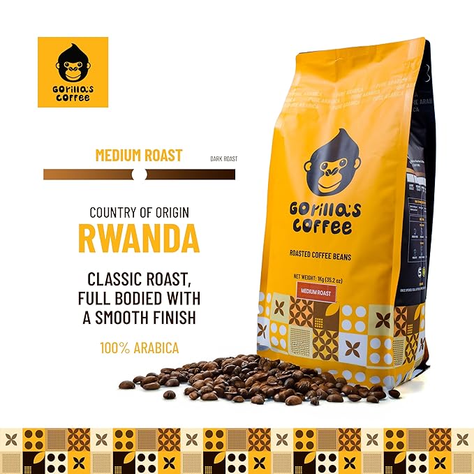 Gorilla's Coffee 100% Arabica - Medium Roast Whole Bean Coffee, Fair Trade, Full Bodied, with Notes of Dark Chocolate | Premium Rwandan Coffee | Rich, Flavorful, and Aromatic (500g/17.6oz)