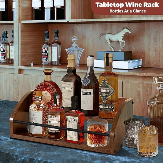 Rustic Wooden Countertop Organizer Brown - Liquor Bottle Display Shelf, Coffee Syrup Rack, Mini bar, Liquor Cabinet, Home Retro Bar Shelf Stand for Liquor Whiskey, Spirits