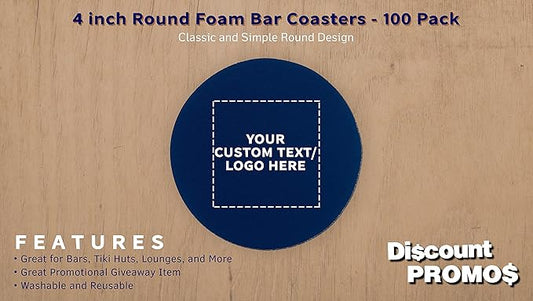100 Round Foam Bud Coasters Pack, 4 inch - Customizable Text, Logo - PU Foam, Party Favor - Navy Blue