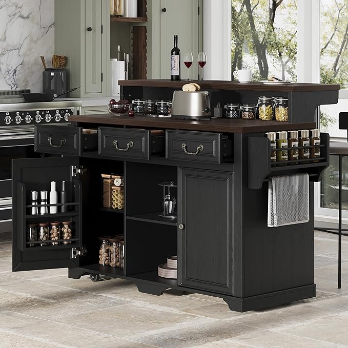 Rolling Kitchen Island with Two-Tier Bar Counter and Power Outlets, 3 Drawers & 4 Door Shelves, Mobile Kitchen Cart with Storage Cabinets & Locking Wheels for Dining Room & Kitchen, 53-Inch, Ash Black