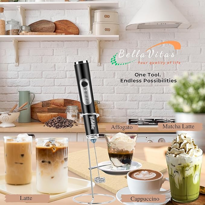 Milk Frother Handheld Rechargeable 3-Speed Electric Frother Wand Whisk Foam Maker Drink Mixer with Stand, 2 Whisks, Spice Shaker, Art Stencils, Art Pen for Coffee Latte, Cappuccino, White