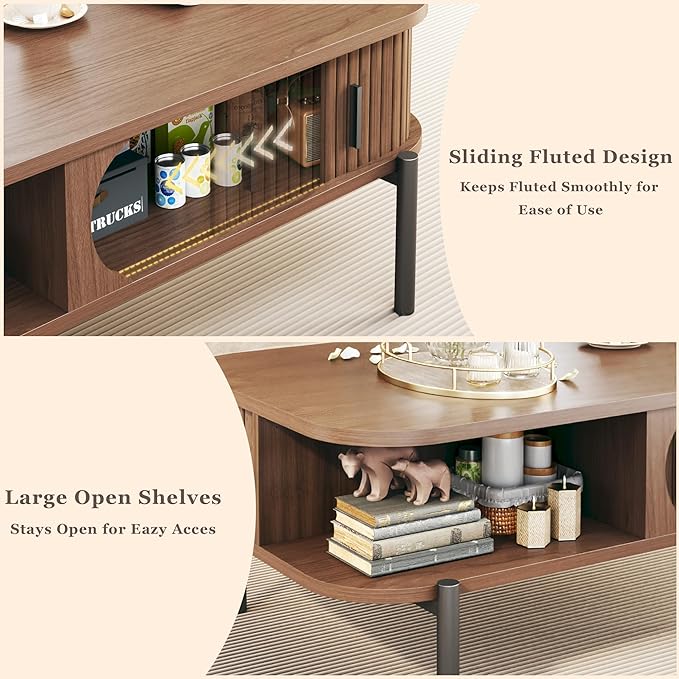 Coffee Table, 39.4" Mid Century Modern Coffee Tables for Living Room, Coffee Table with Storage Open Shelf, Fluted Table with Sliding Cabinet Door, 2-Tier Rustic Wood Desktop, Walnut