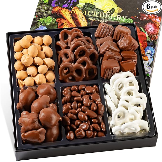 6-Pack Snackberry Premium Chocolate Gift Box – Gourmet Assortment with Chocolate Pretzels, Maple Nuts, Yogurt Pretzels & Milk Chocolate Caramels – Perfect for Holidays, Birthdays & Corporate Gifts