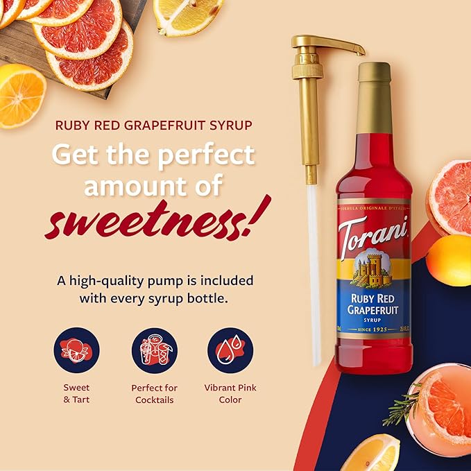 Torani Ruby Red Grapefruit Syrup for Drinks, Flavoring for Sodas and Cocktails, Pump Included, 25.4 Oz