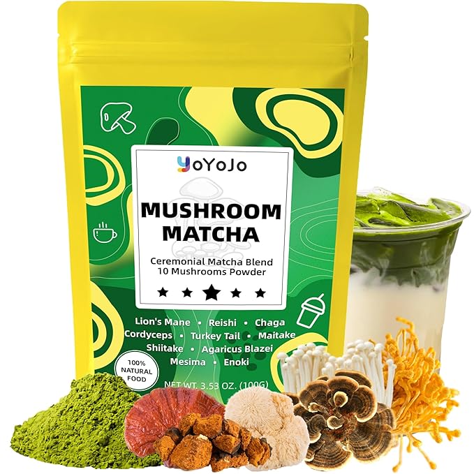 Mushroom Matcha, 10 Superfood Mushroom Powder Blend with Japanese Ceremonial Grade Matcha, Mushroom Coffee Alternative for Energy, Focus, Immunity