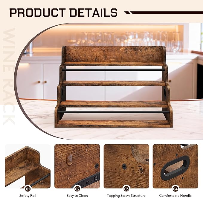 LIVELYGLOW 19.6”W x 15.74" D x 12.5" H Inches Versatile 4-Step Coffee Syrup & Water Bottle Organizer Rack Multi-Functional Retro Display Shelf for Kitchen or Bar, Holds Liquor & Spirits, Wooden