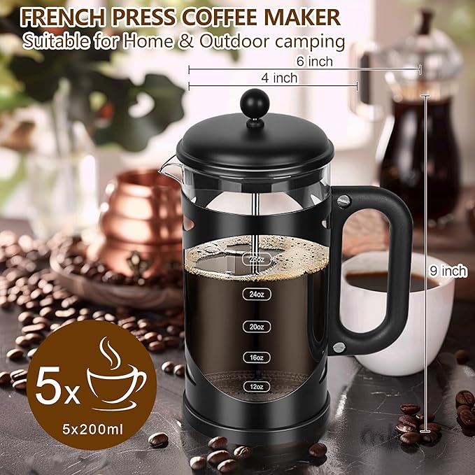 YMMIND 34 Ounce French Press Coffee Maker Black Stainless Steel Coffee Press, with 4-Level Filter System, Heat Resistant Thickness Borosilicate Glass, BPA-Free Brewed Coffee Pot for Camping Gifts