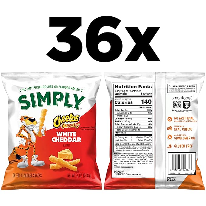 Simply, Cheetos Crunchy White Cheddar, 0.875 Ounce (Pack of 36)