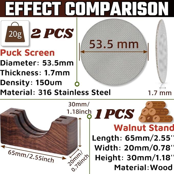 2 Packs Espresso Puck Screen 53.5mm With Walnut Stand,1.7mm Thickness 150μm Mesh For Puck Screen 54mm Breville 54mm Puck Screen 54mm Portafilter Espresso Filter Espresso Screen Breville Espresso