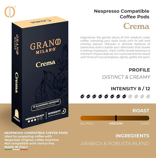 New Grano Milano Crema Coffee Capsules - 50 Aluminum Coffee Pods Compatible with Nespresso Original line, Medium Roast - Intensity 8/12, Made in Italy