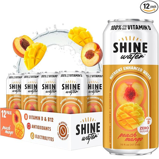 Shine Water Peach Mango Vitamin D Electrolyte Drinks 12-Pack, Sugar Free Flavored Water with Magnesium, Zinc & Antioxidants, Low Calorie Hydration Beverage, Plant-Based Vitamin Water Zero Sugar