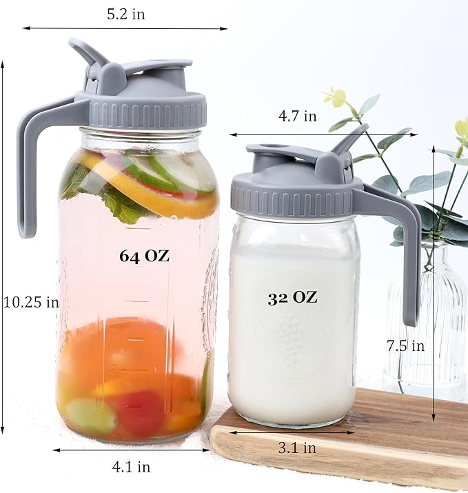 Mason Jar Pitcher Wide Mouth 64 OZ Glass Jars With Pour Spout Lids Airtight Leak-proof 2 Quart Water Pitcher With Handle For Iced Tea, Milk, Sun Tea, Lemonade, Iced Coffee