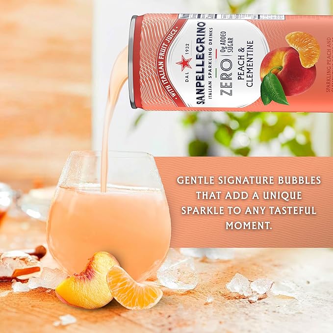 Sanpellegrino Zero Grams Added Sugar Italian Sparkling Drinks, Sparkling Peach Clementine Beverage, 24 Pack of 11.15 Fl Oz Cans