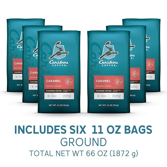 Caribou Coffee, Medium Roast Ground Coffee, 100% Arabica Coffee - Caramel Flavored 66 Ounces (6 Bags of 11 Ounces)