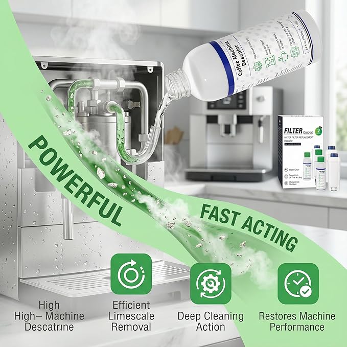 Ouxunus Descaling Kit Compatible with Delonghi Coffee Machines: 2 Full Maintenance Cycles | 2 Compatible with De'Longhi water Filters + 2x100ml Descaling Solution Replace Every 3 Months （6-Month）