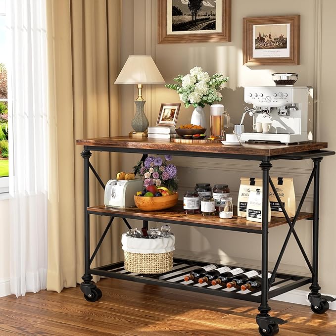 Homieasy Kitchen Island Cart with Wheels, 3-Tier Wood and Metal Rolling Kitchen Island Table with Pipe Legs, Storage Shelves & Lockable Casters for Kitchen Dining Room, Black Oak