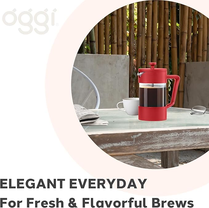 Oggi Borosilicate Glass French Press Coffee Maker (20oz)- 5 Cup Capacity, Coffee Press, Single Serve Coffee Maker, Stainless Steel Lid & Plunger, Make Great Coffee Gifts, Red